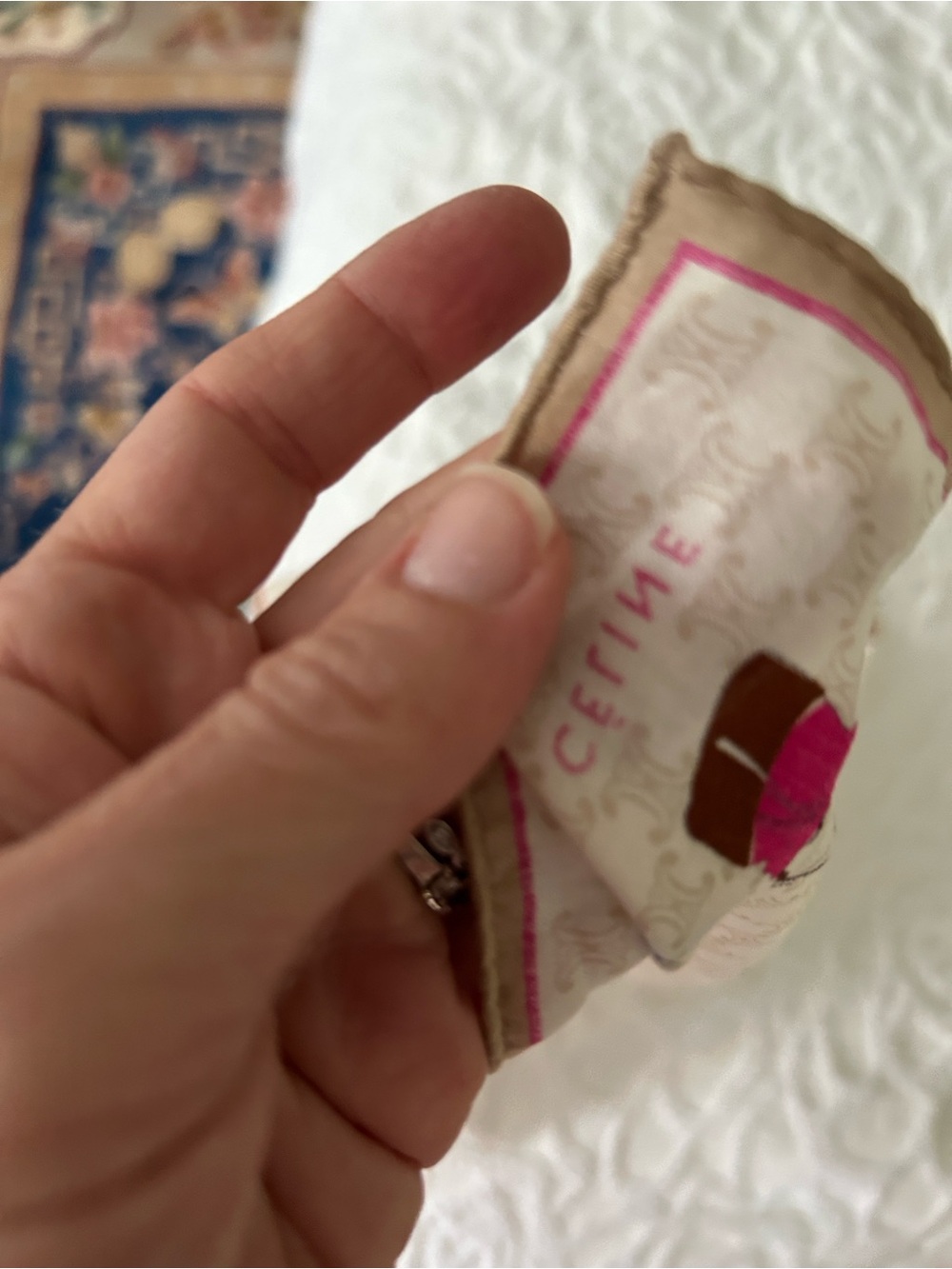 Celine Beige Silk Scarf with Pink accent and Multicolor Bag Motif - Picture 3 of 3